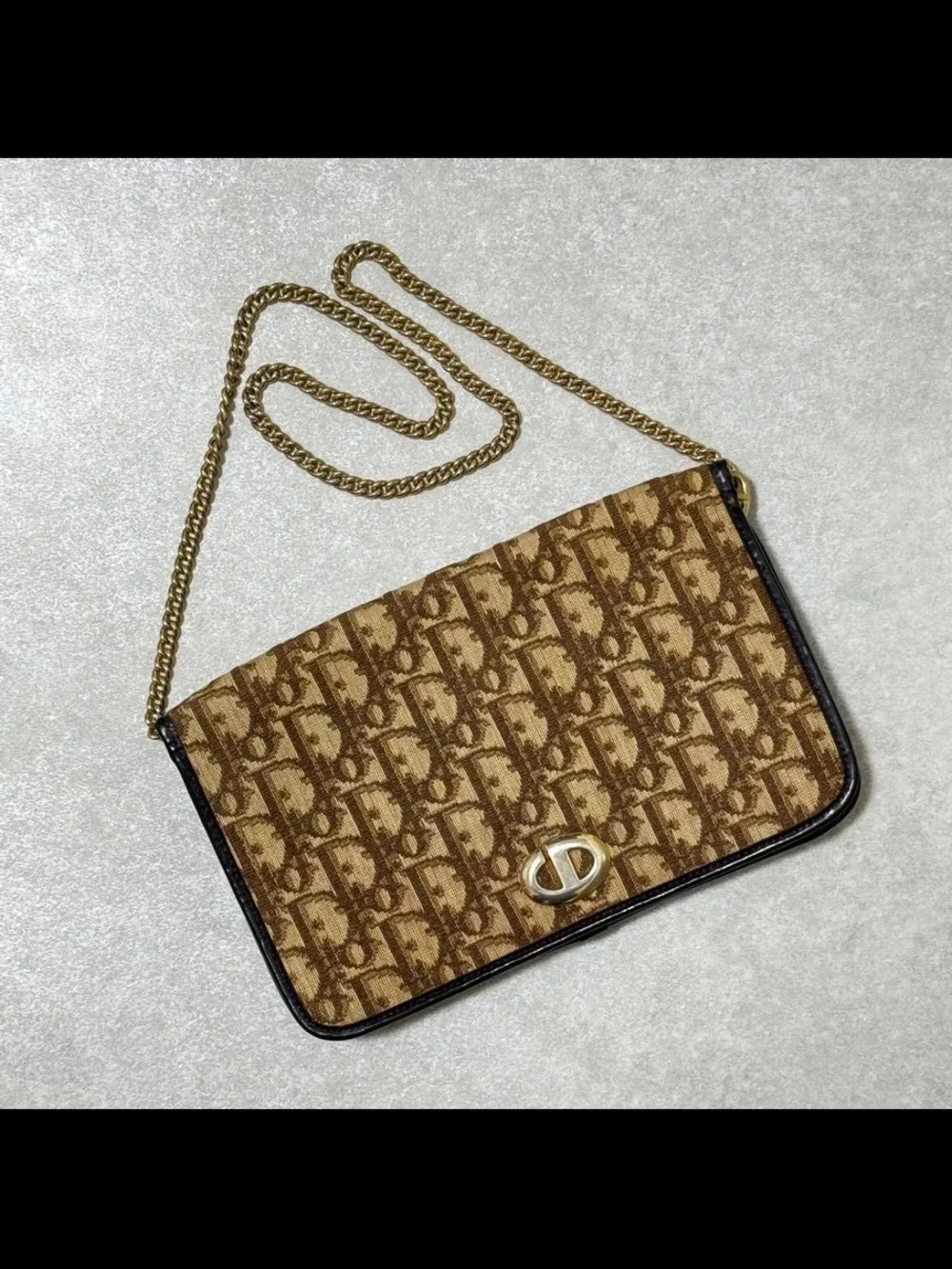 Dior Brown Logo Jacquard Crossbody with Gold Chain